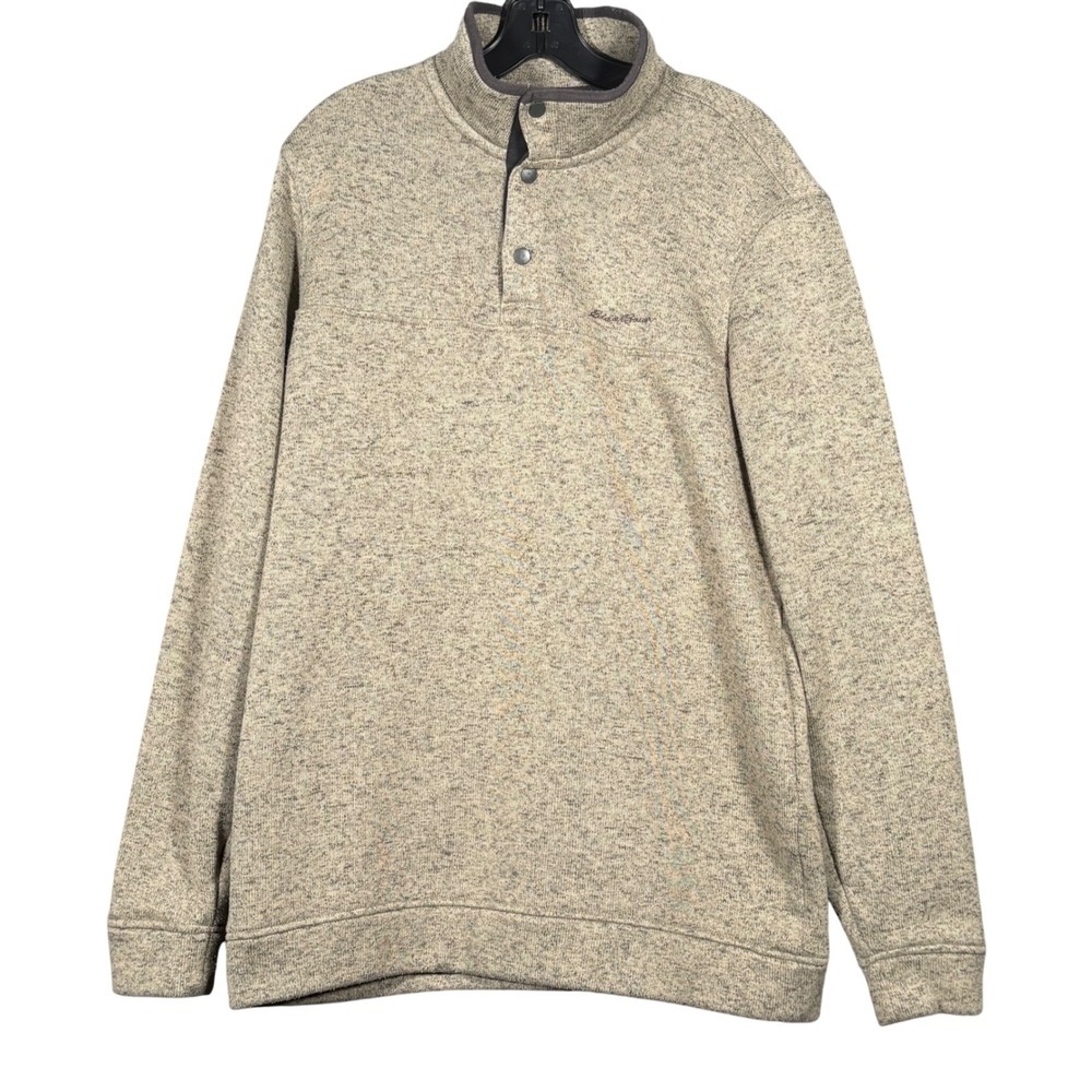 Eddie Bauer Mens TL Tall Tan Marled Sweater Knit Fleece Snap Mock Neck Pullover